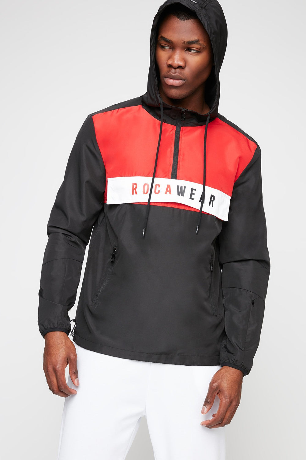 Men Coupe-vent Rocawear à capuchon avec blocs de couleurs et taille coulissante Rouge