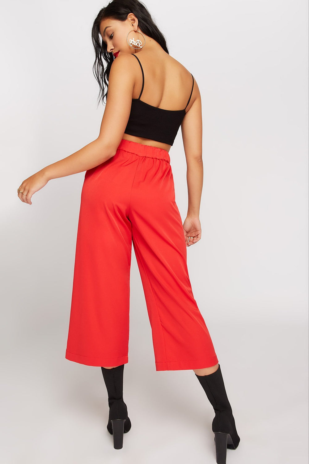 Women Jupe-culotte en satin à jambe large et taille haute avec attache Rouge