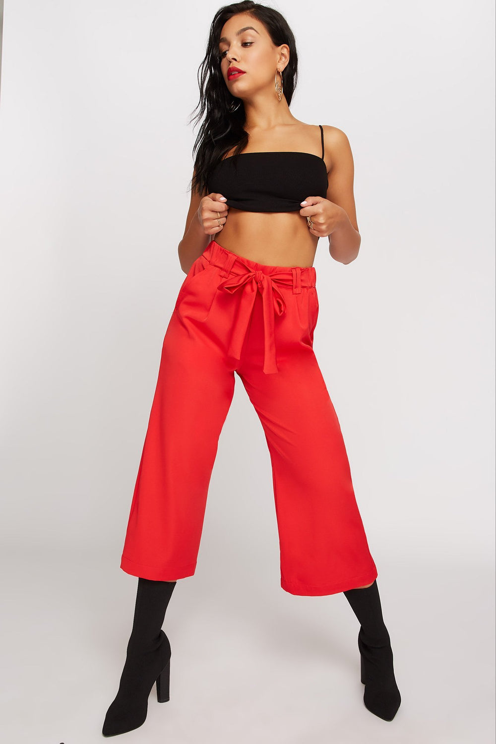 Women Jupe-culotte en satin à jambe large et taille haute avec attache Rouge