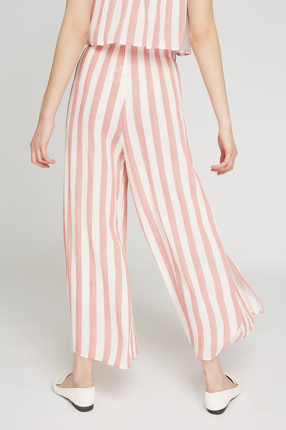 Women Jupe-pantalon rayée à taille haute avec fentes et attache Rouge