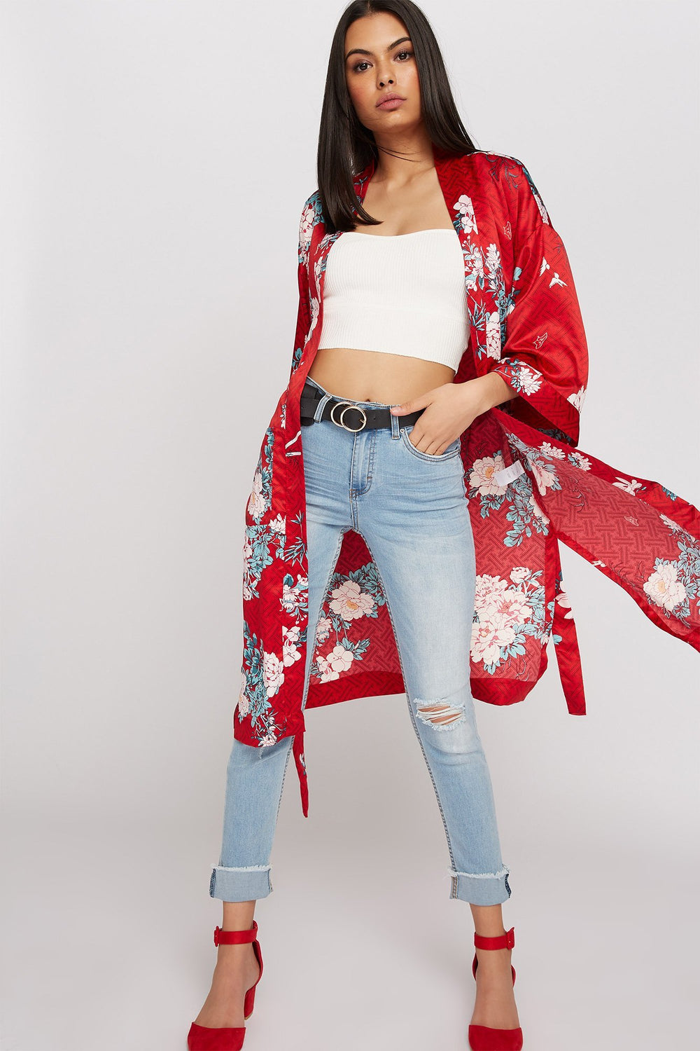 Women Kimono long fleuri avec fentes et attache Rouge