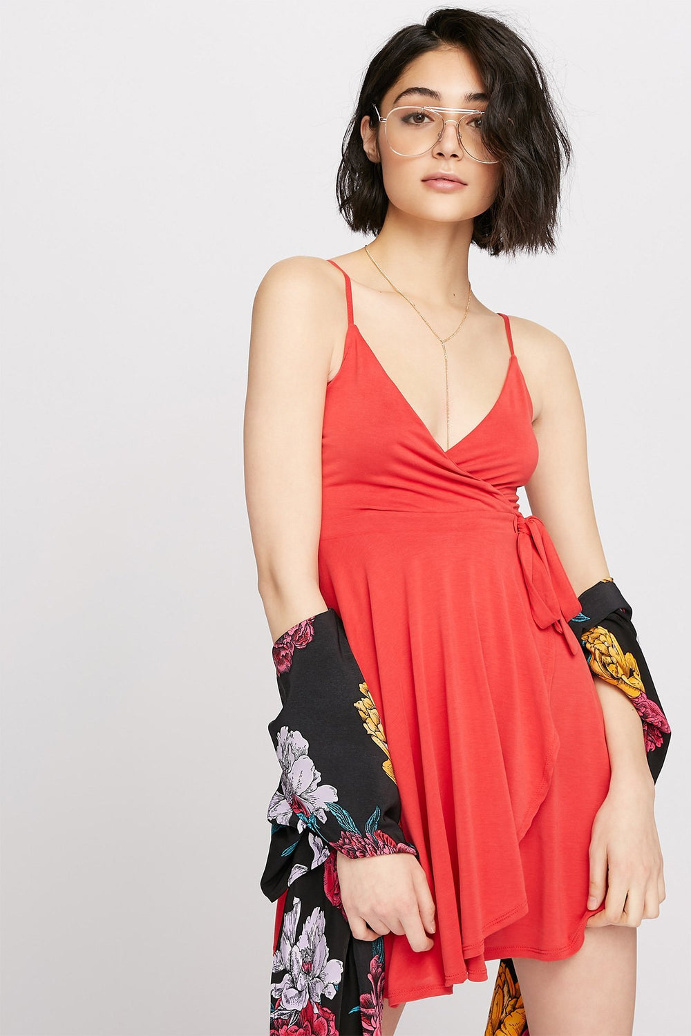 Women Minirobe cache-cur à encolure en V Rouge