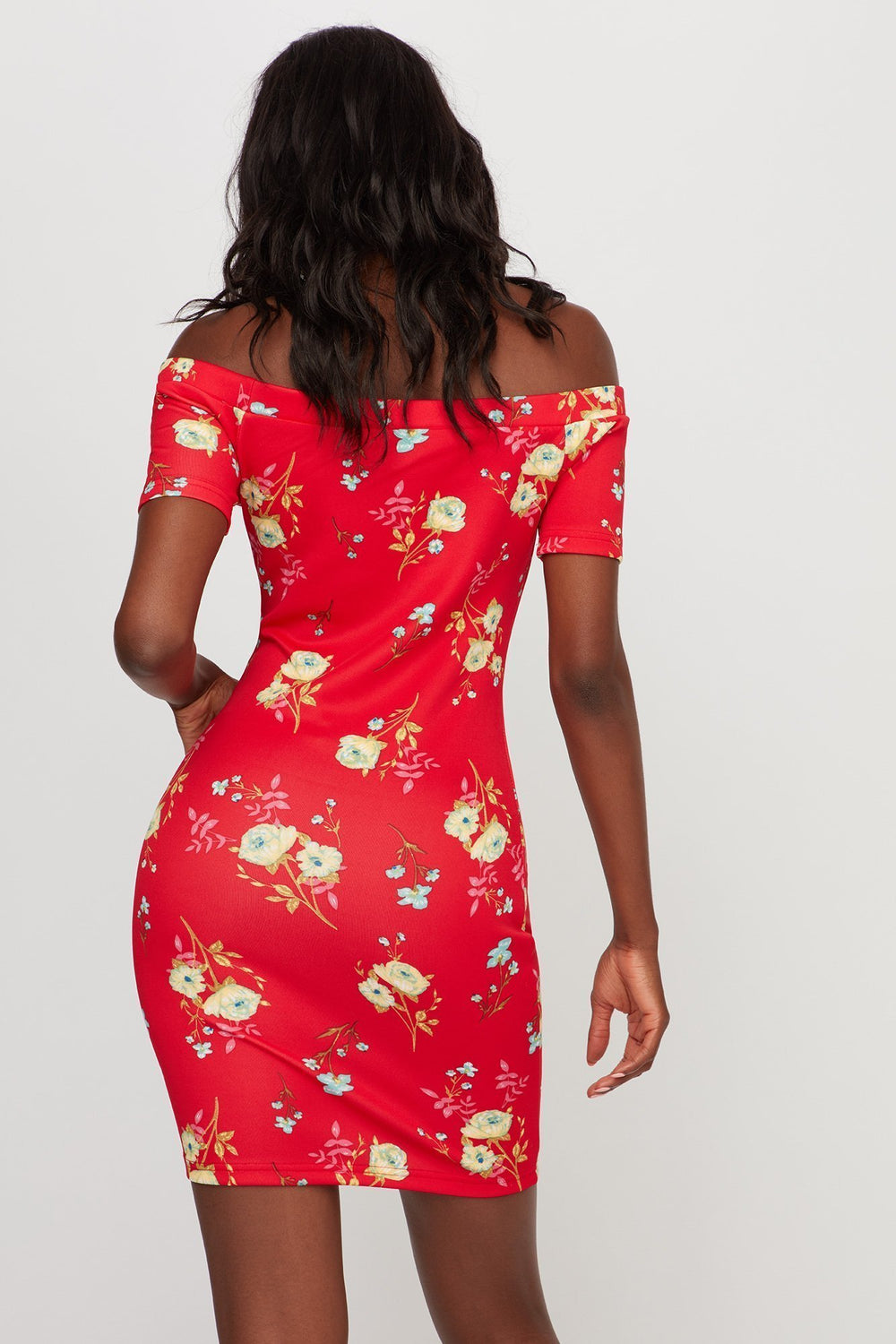 Women Minirobe moulante fleurie à épaules dénudées Rouge