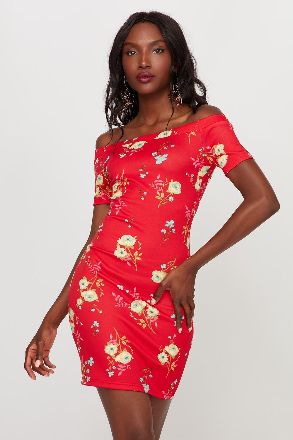 Women Minirobe moulante fleurie à épaules dénudées Rouge
