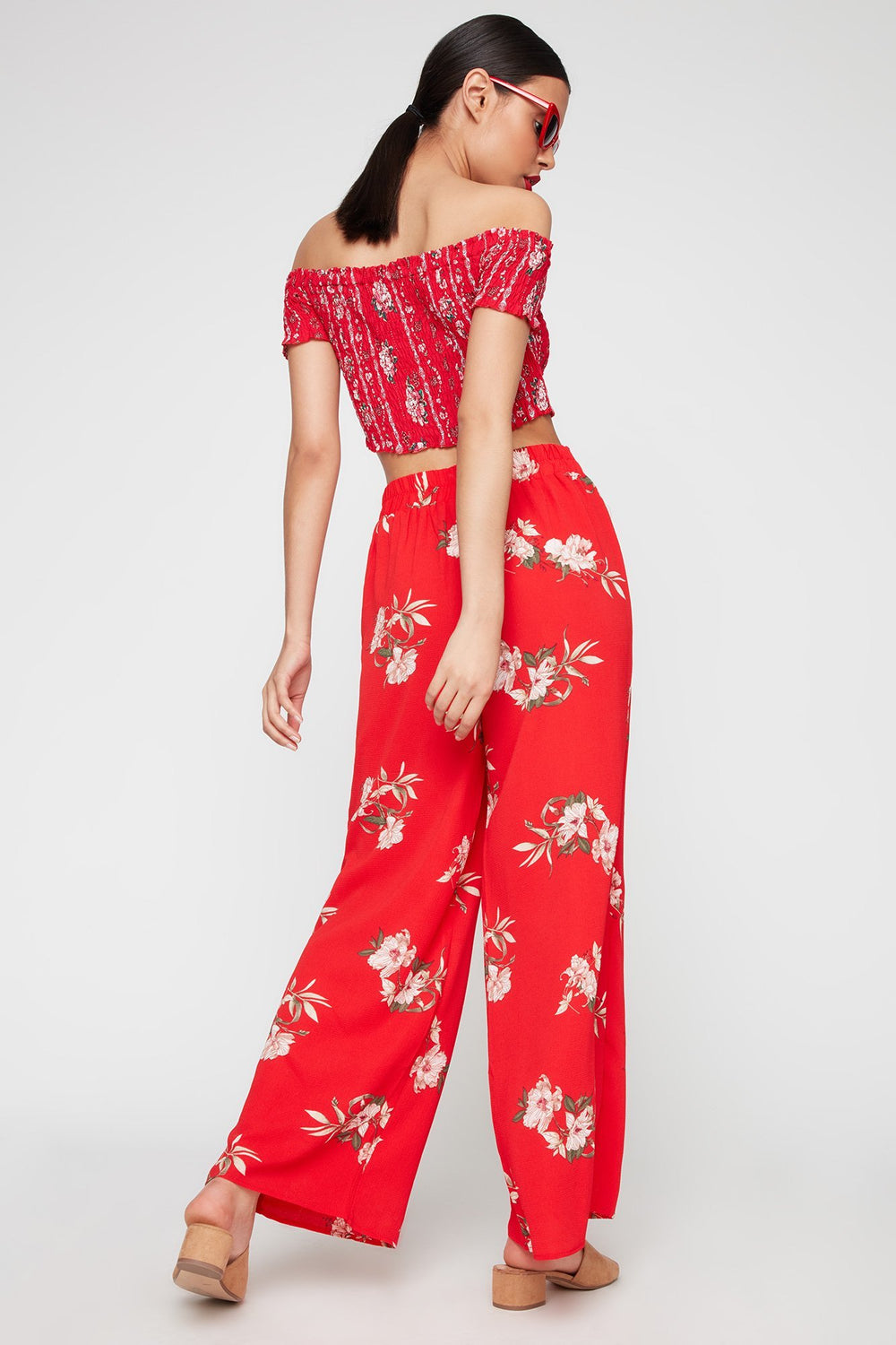 Women Pantalon tulipe fleuri à taille haute et jambe large avec attache Rouge