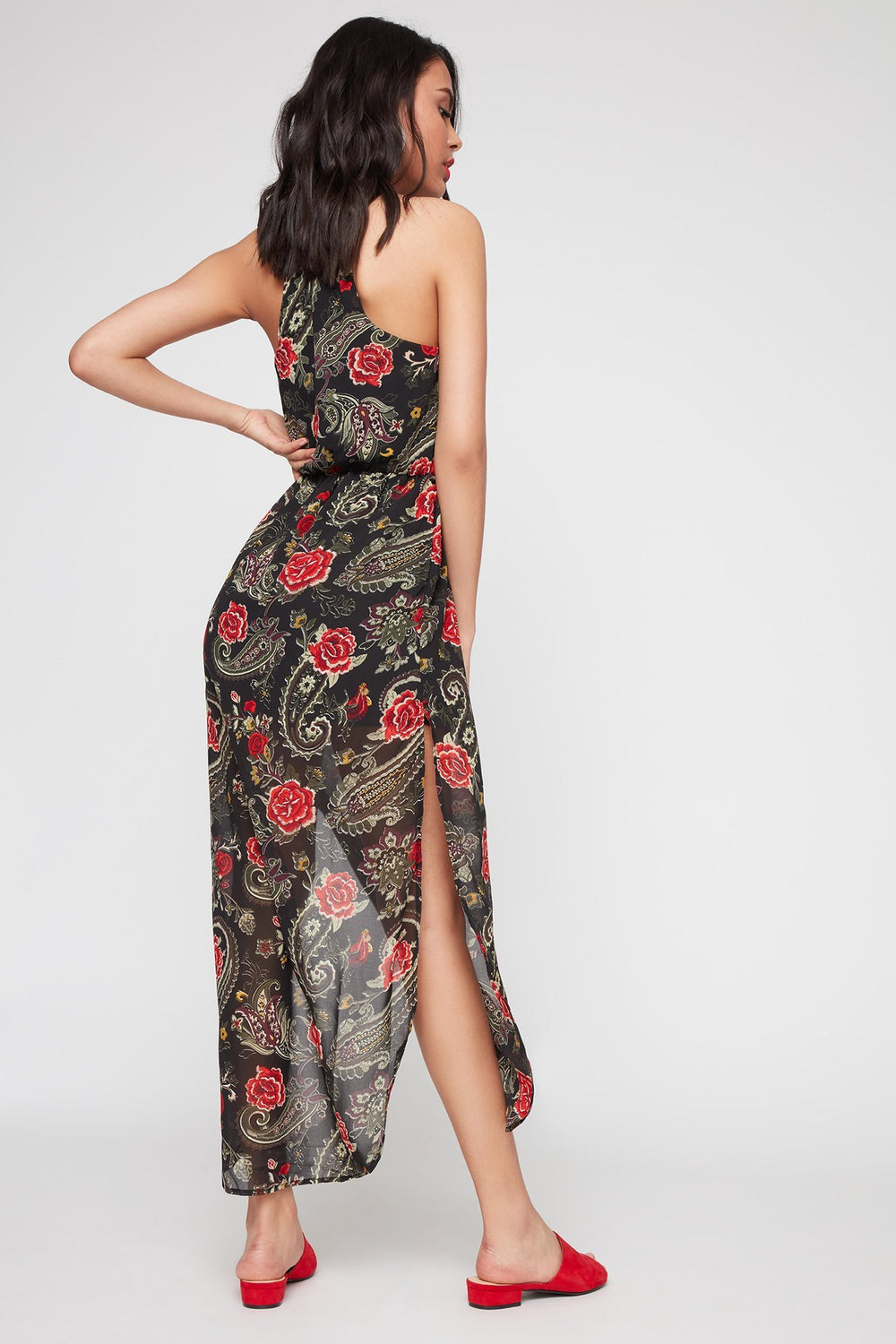 Women Robe imprimés à surplis avec fentes latérales et encolure en V Rouge