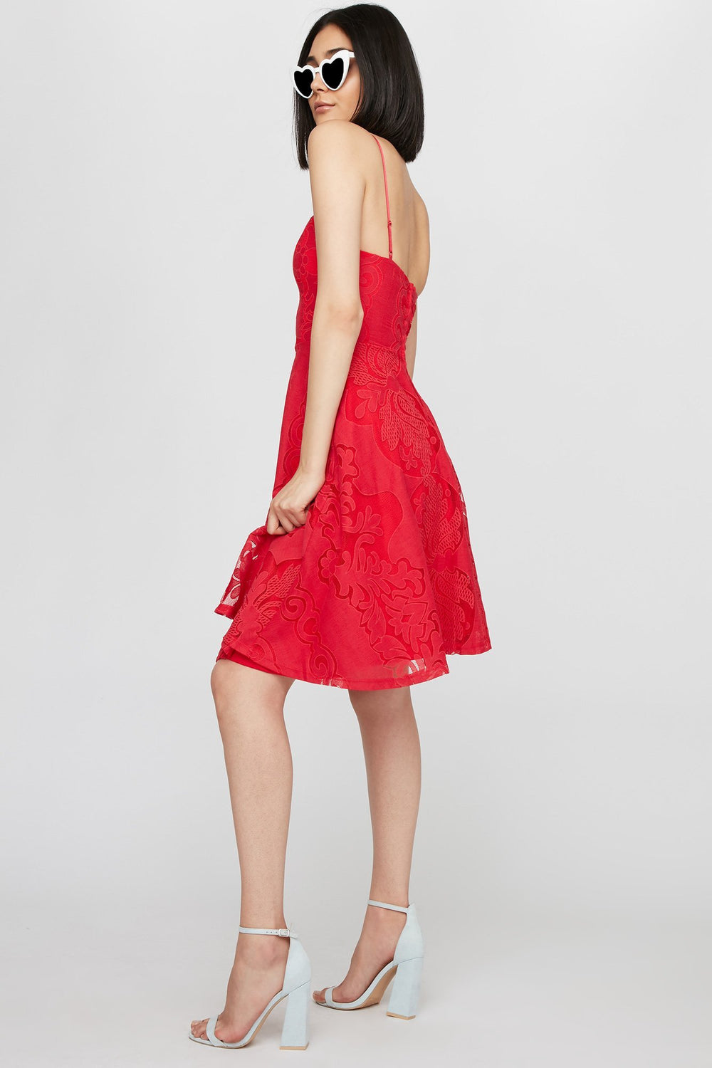 Women Robe midi ajustée et évasée en dentelle Rouge