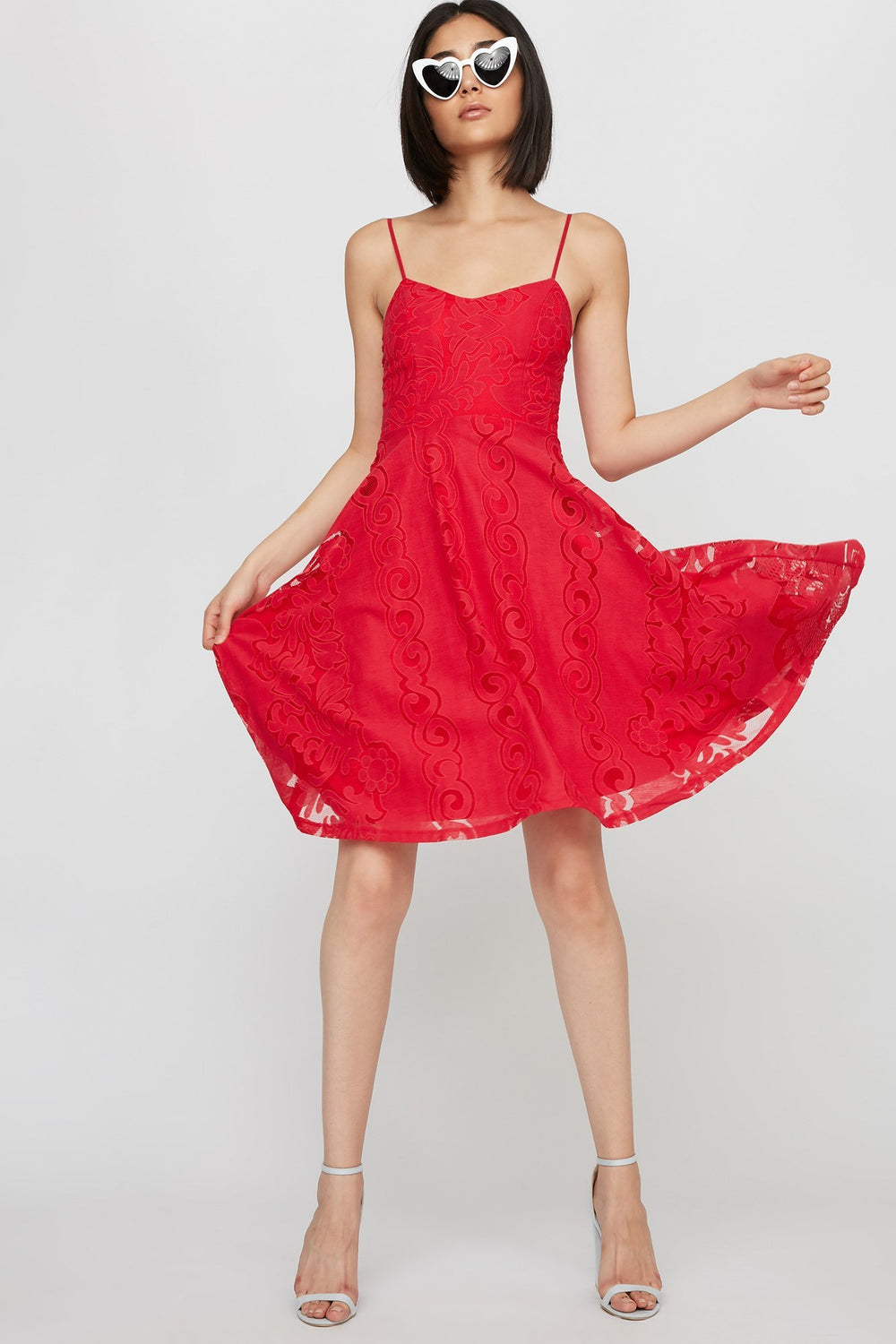 Women Robe midi ajustée et évasée en dentelle Rouge