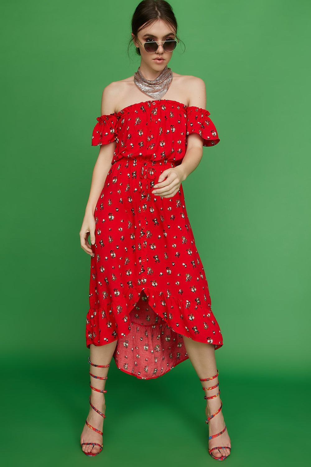 Women Robe midi asymétrique volantée à épaules dénudées et taille coulissante Rouge