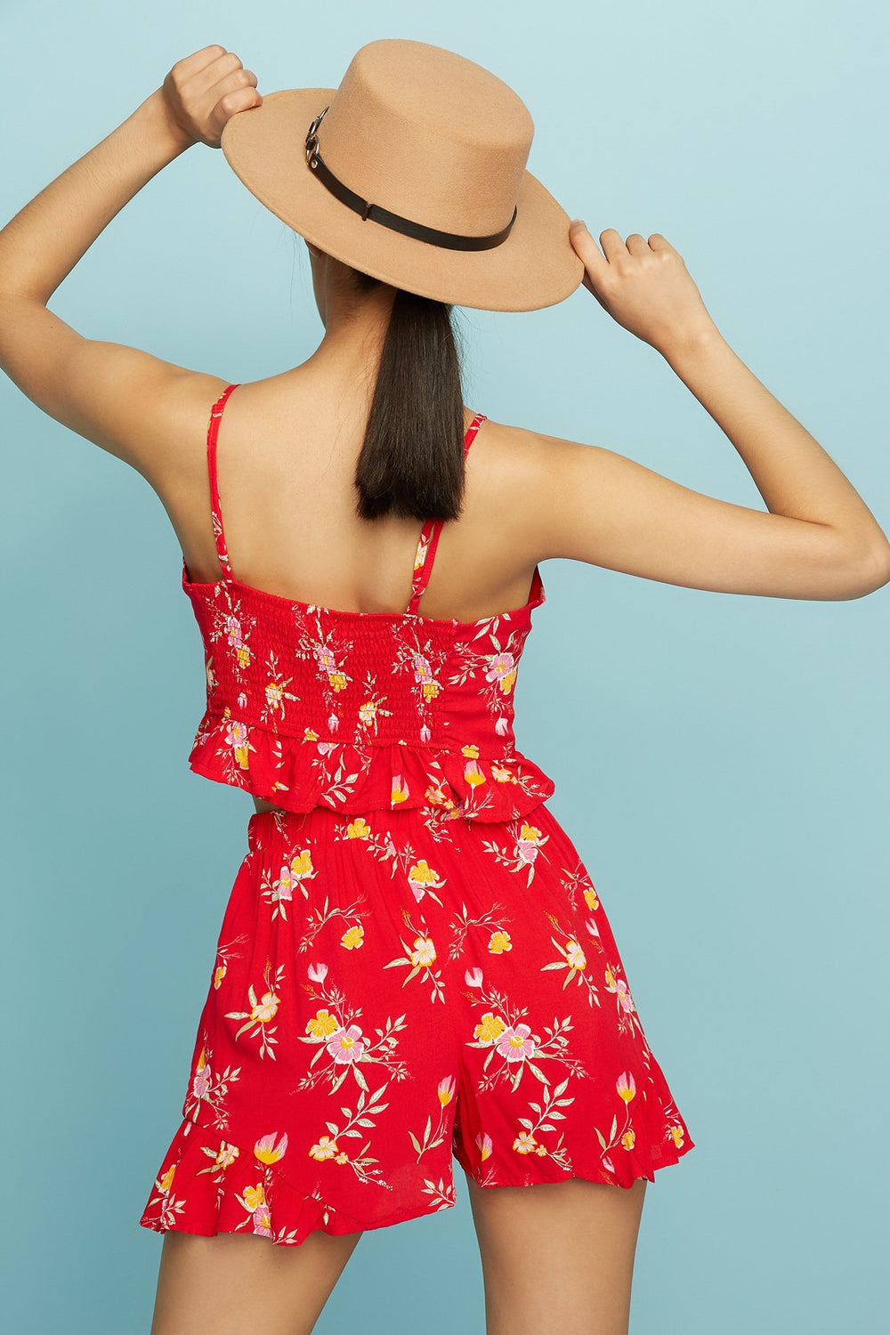 Women Short à enfiler fleuri volanté Rouge