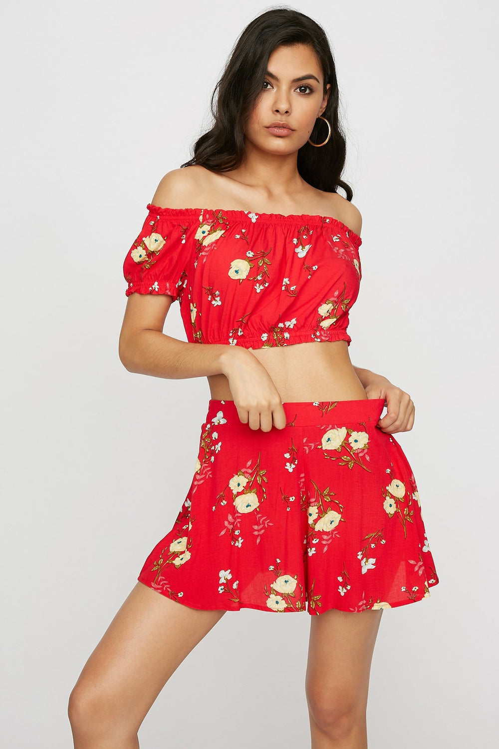 Women Short léger imprimé à enfiler avec taille haute Rouge