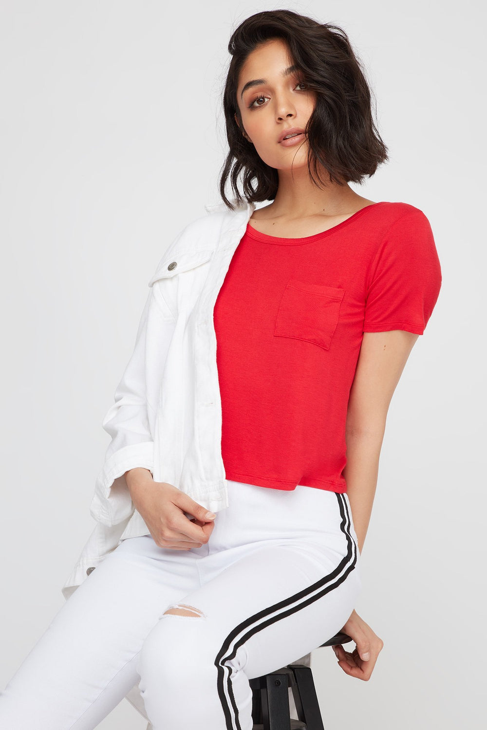 Women T-shirt court à encolure arrondie et dos en T Rouge