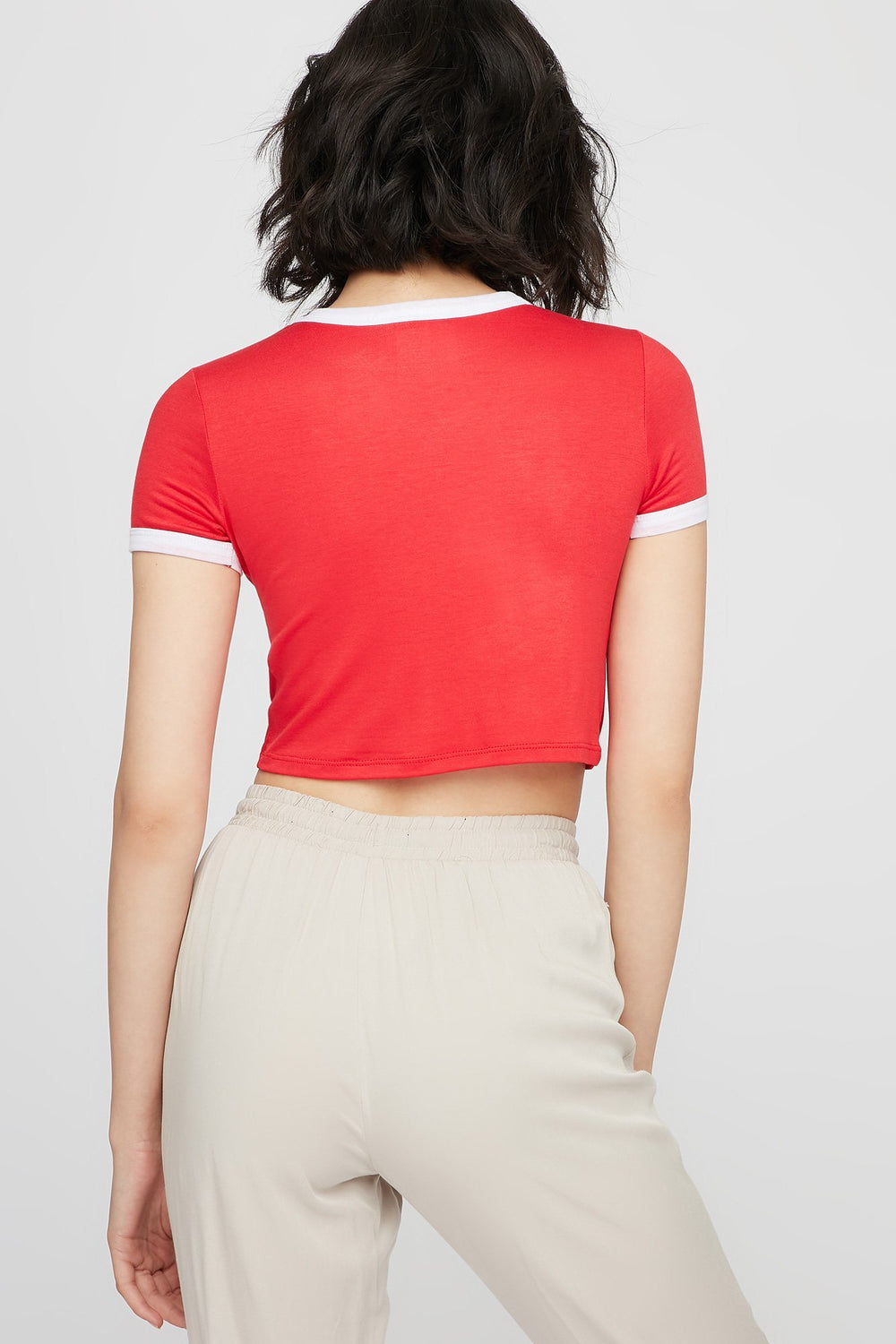 Women T-shirt court noué devant à liséré contrastant avec imprimé Good Vibes Rouge