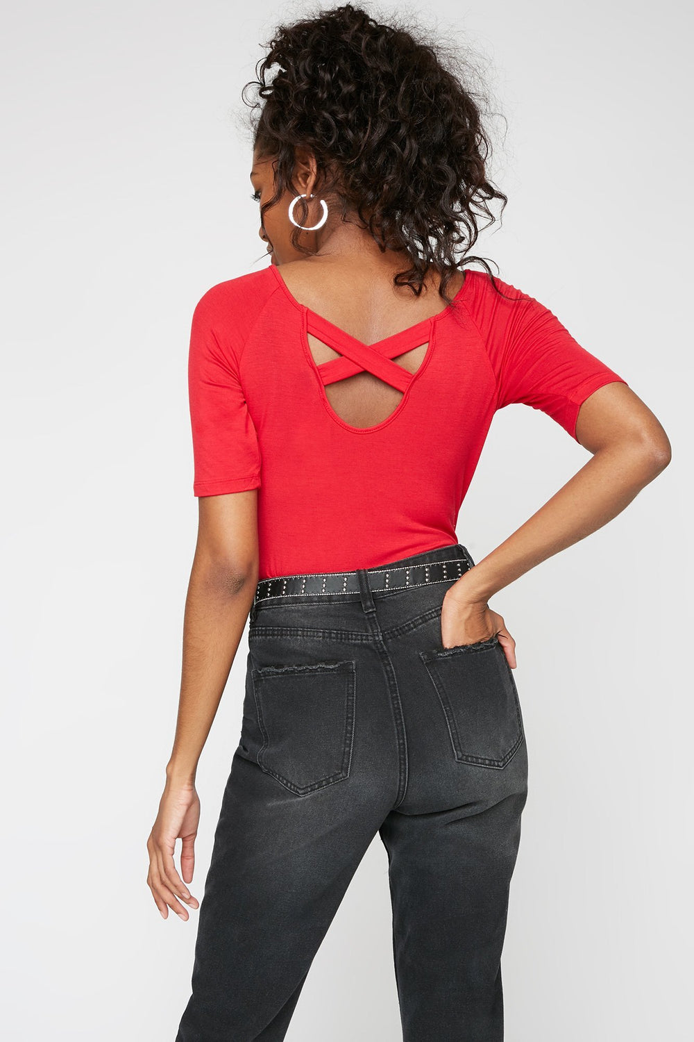 Women T-shirt croisé au dos à encolure arrondie Rouge