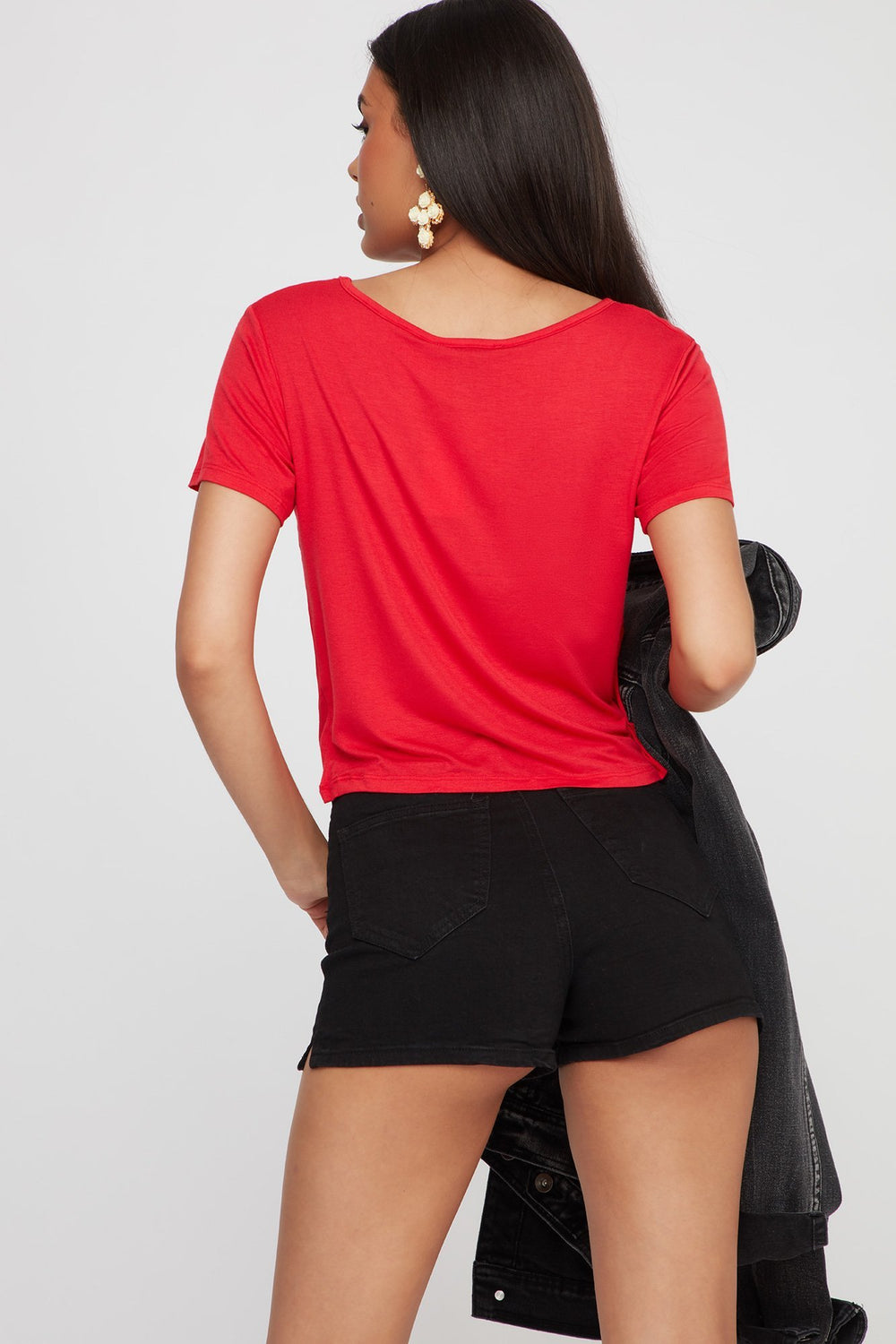 Women T-shirt de base léger à motif de cage au cou Rouge