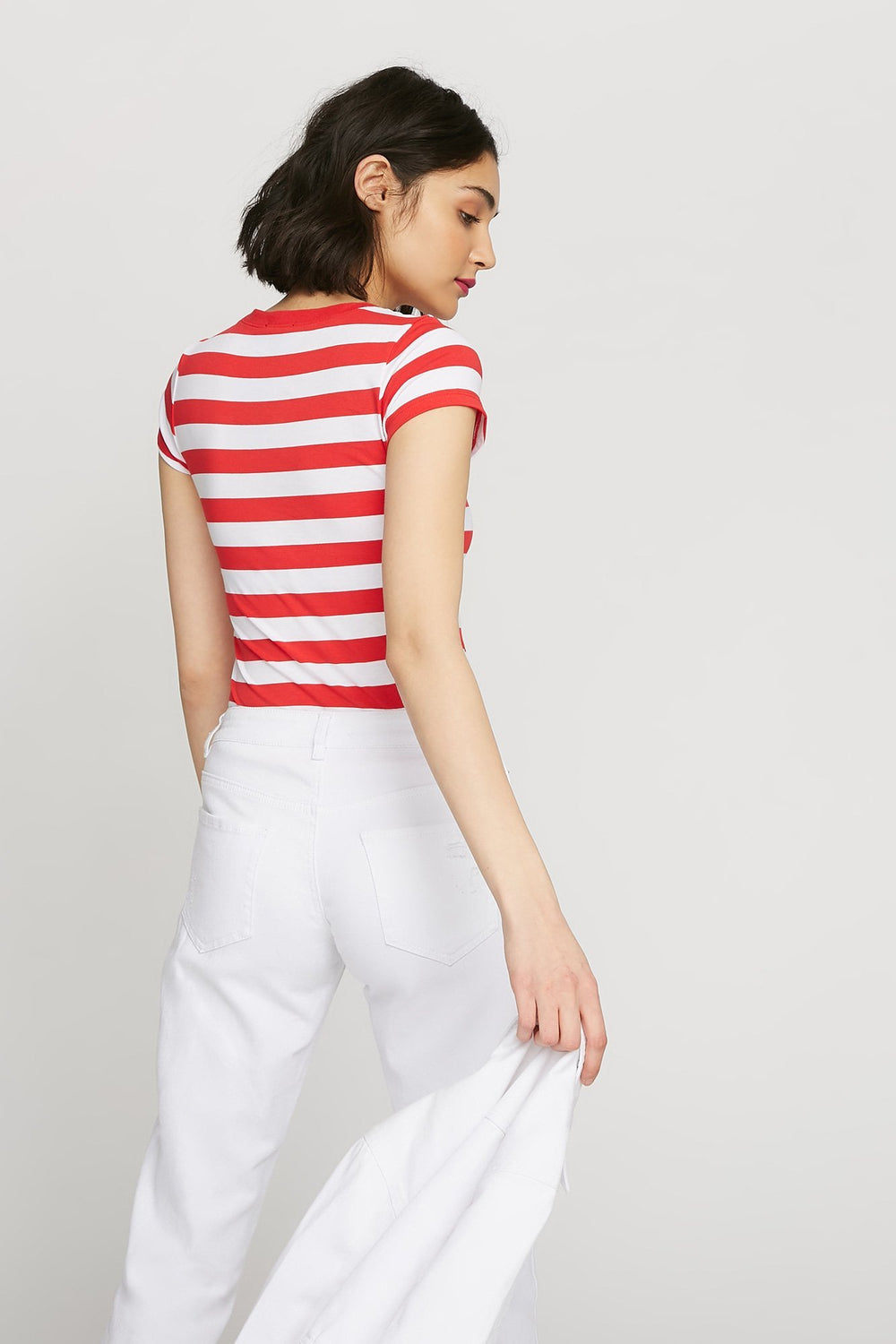 women T-shirt rayé à encolure arrondie Rouge