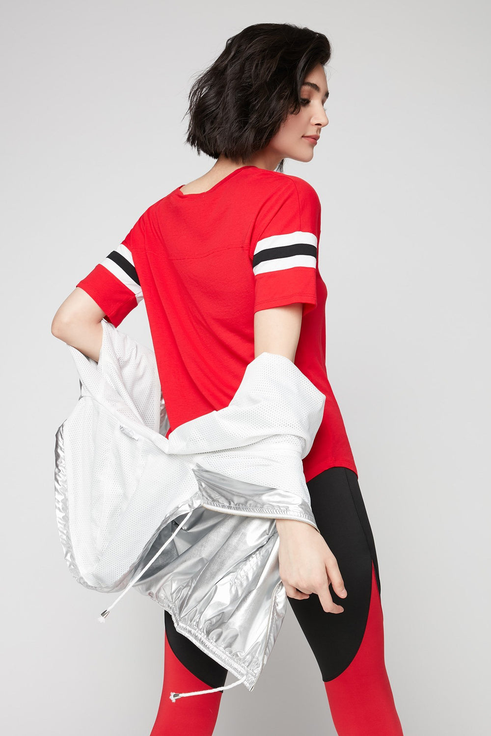 Women T-shirt rayé de style universitaire à encolure en V Rouge