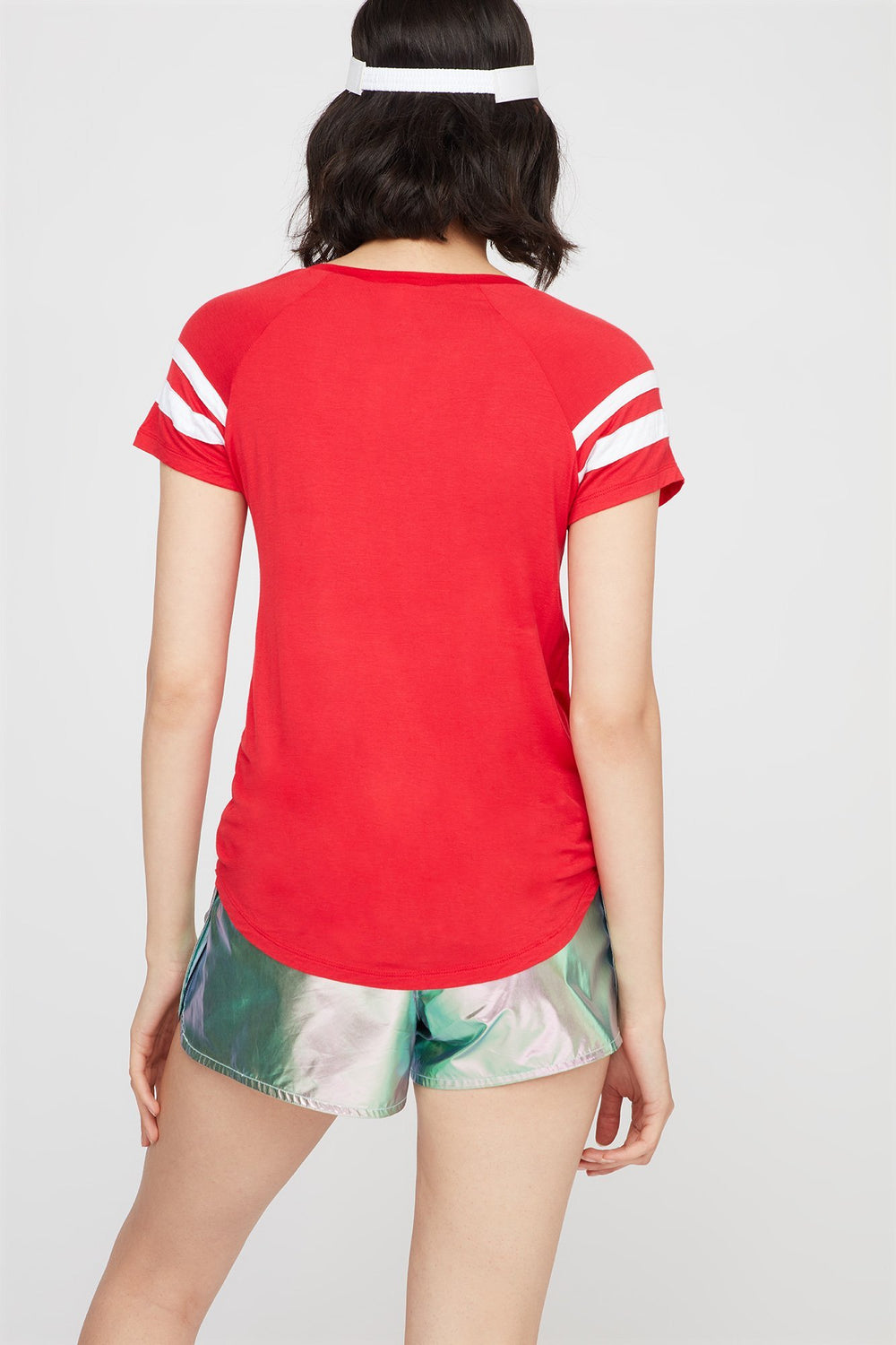 Women T-shirt rayé de style universitaire à encolure en V Rouge