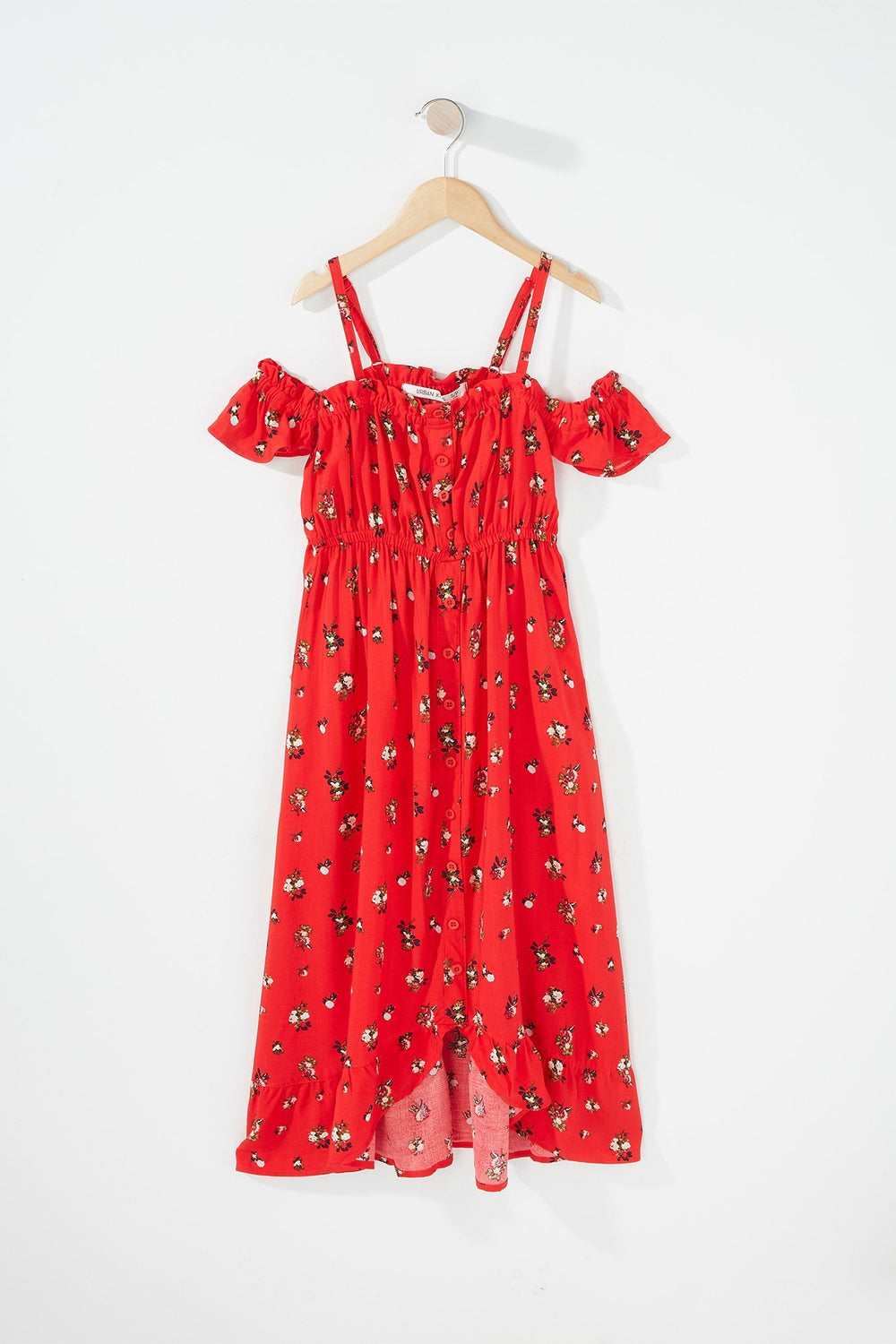 Kids Robe maxi boutonnée volantée fleurie à épaules dénudées pour fille Rouge