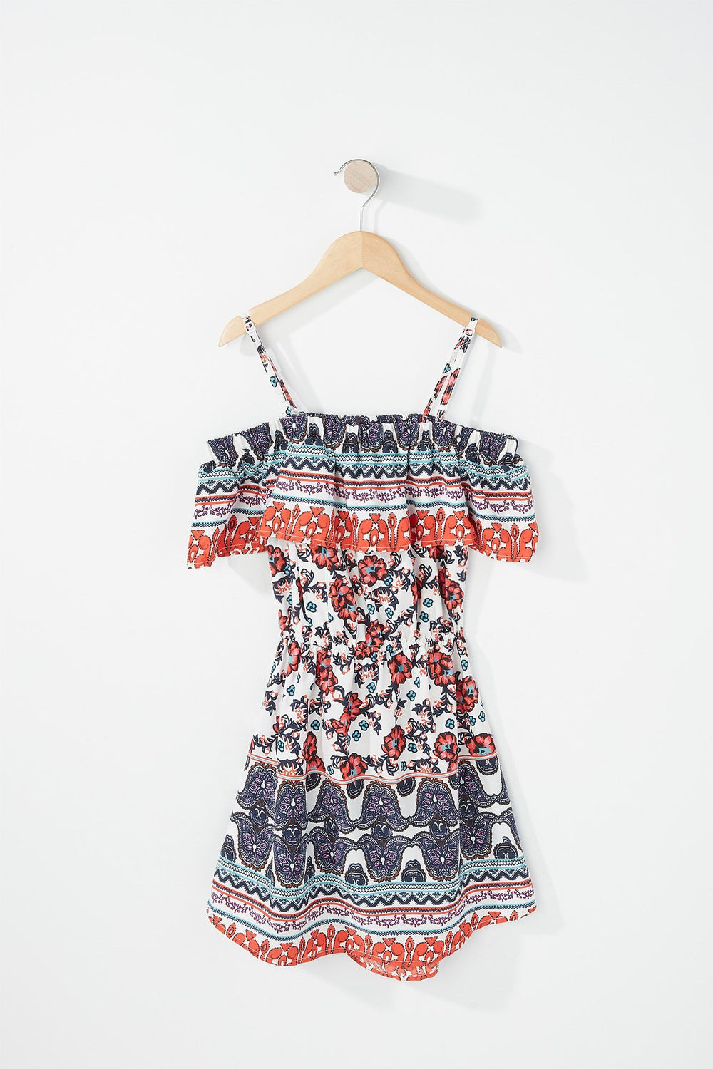 Kids Robe volantée imprimée à épaules dénudées et taille coulissante pour fille Rouge