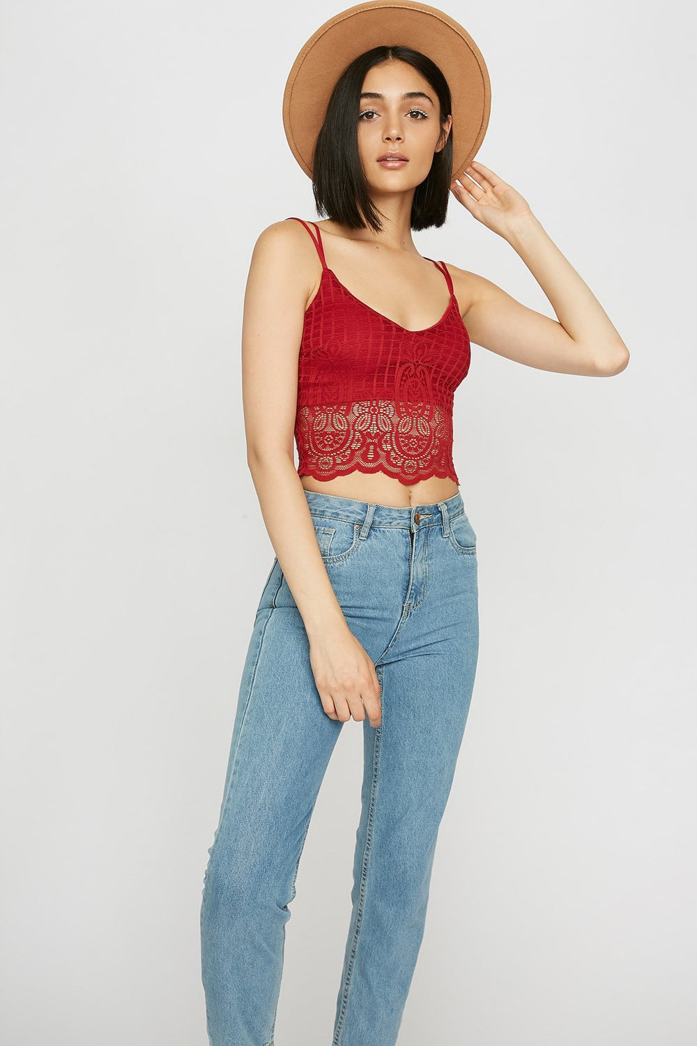 Women Camisole côtelée ornée de dentelle avec encolure en V Rouge vin