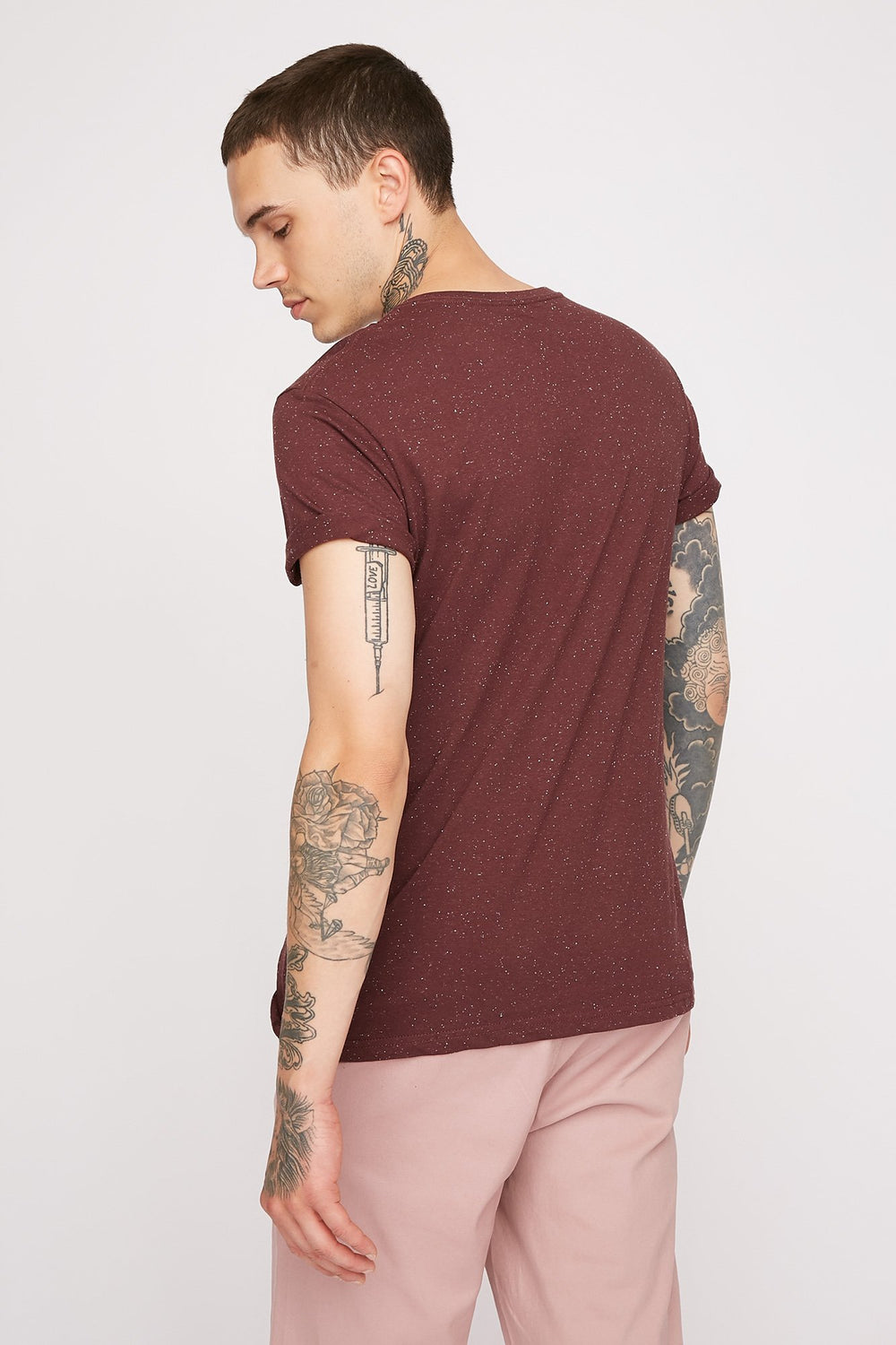 Men T-shirt teint par espacements avec poche et encolure en V Rouge vin