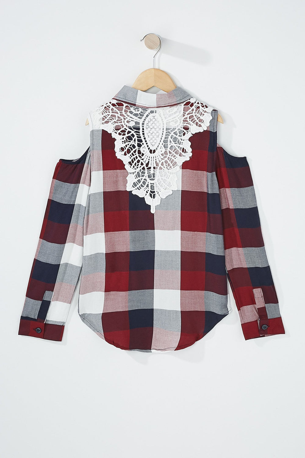 Kids Blouse à carreaux à manches longues crochetée au dos à épaules dénudées pour fille Rouge vin