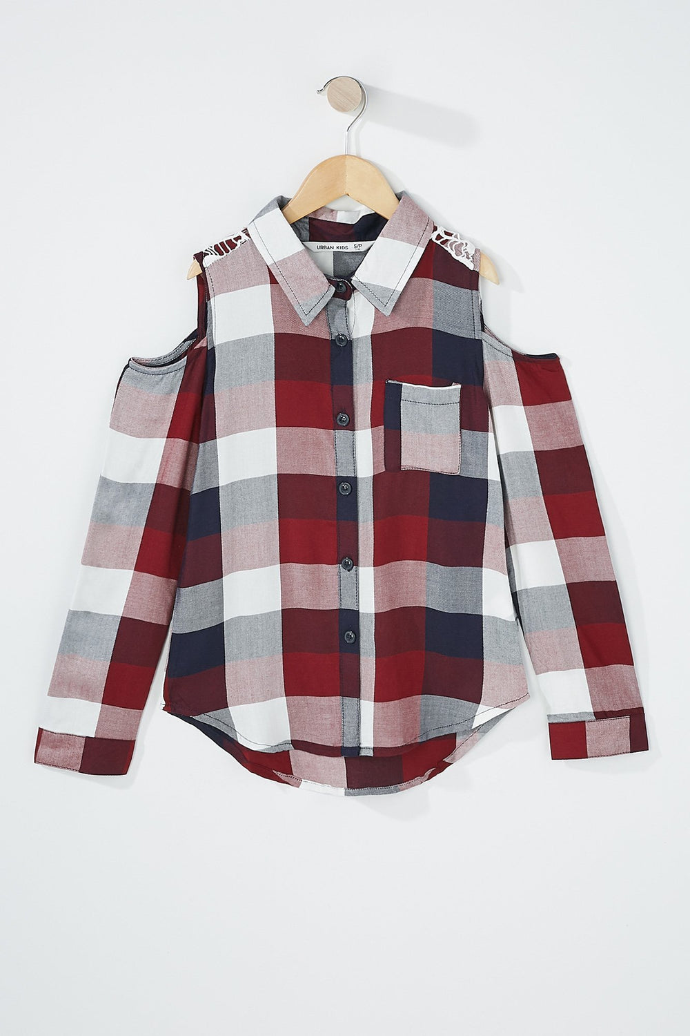 Kids Blouse à carreaux à manches longues crochetée au dos à épaules dénudées pour fille Rouge vin