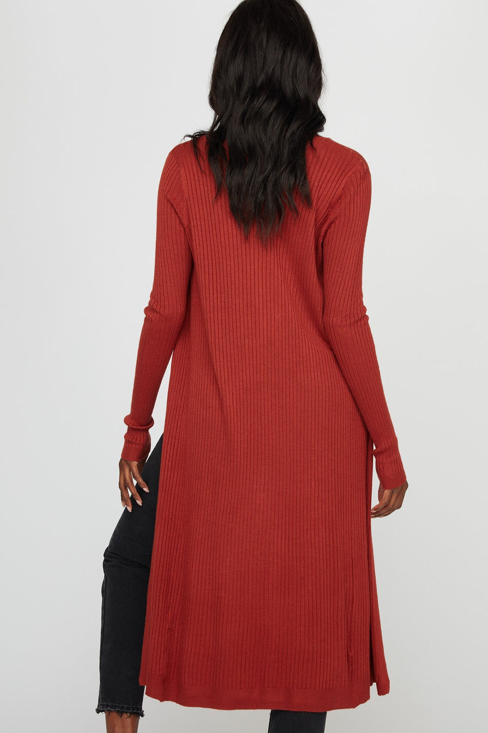 Women Cardigan long ouvert côtelé Rouille