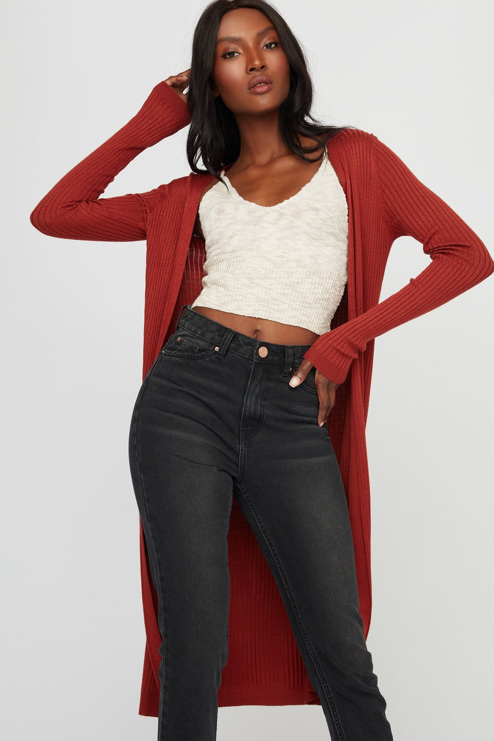 Women Cardigan long ouvert côtelé Rouille