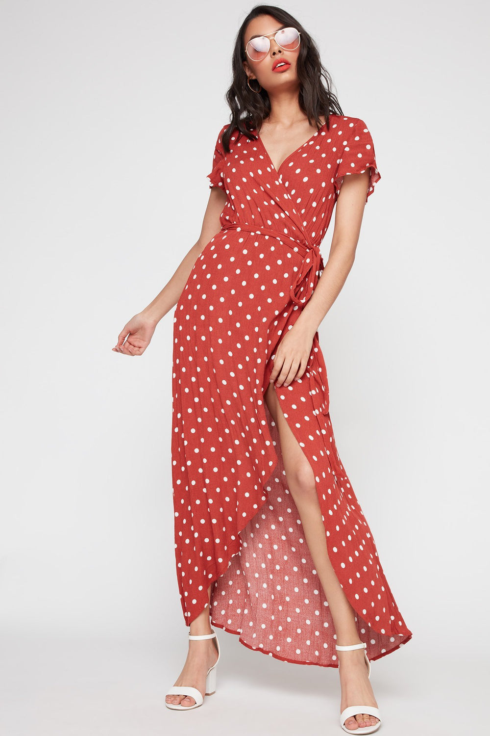 Women Robe cache-cur maxi imprimée à manches courtes Rouille