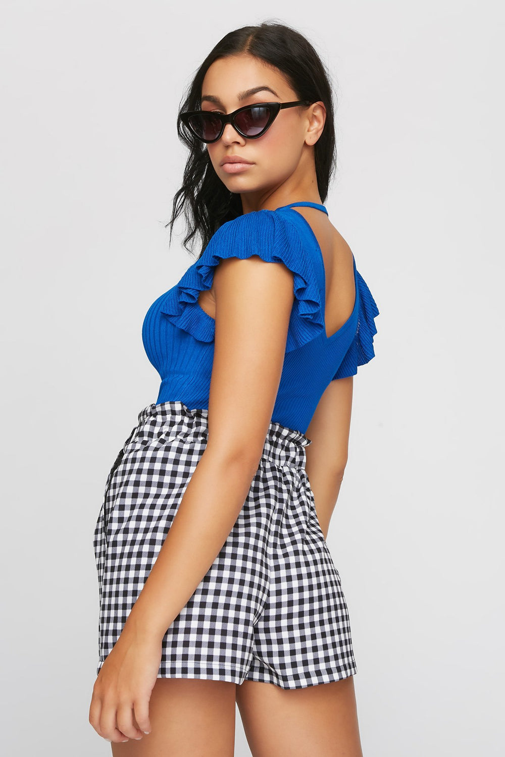 Women Ruffle Open-Back Ribbed Blouse Royal Blue
