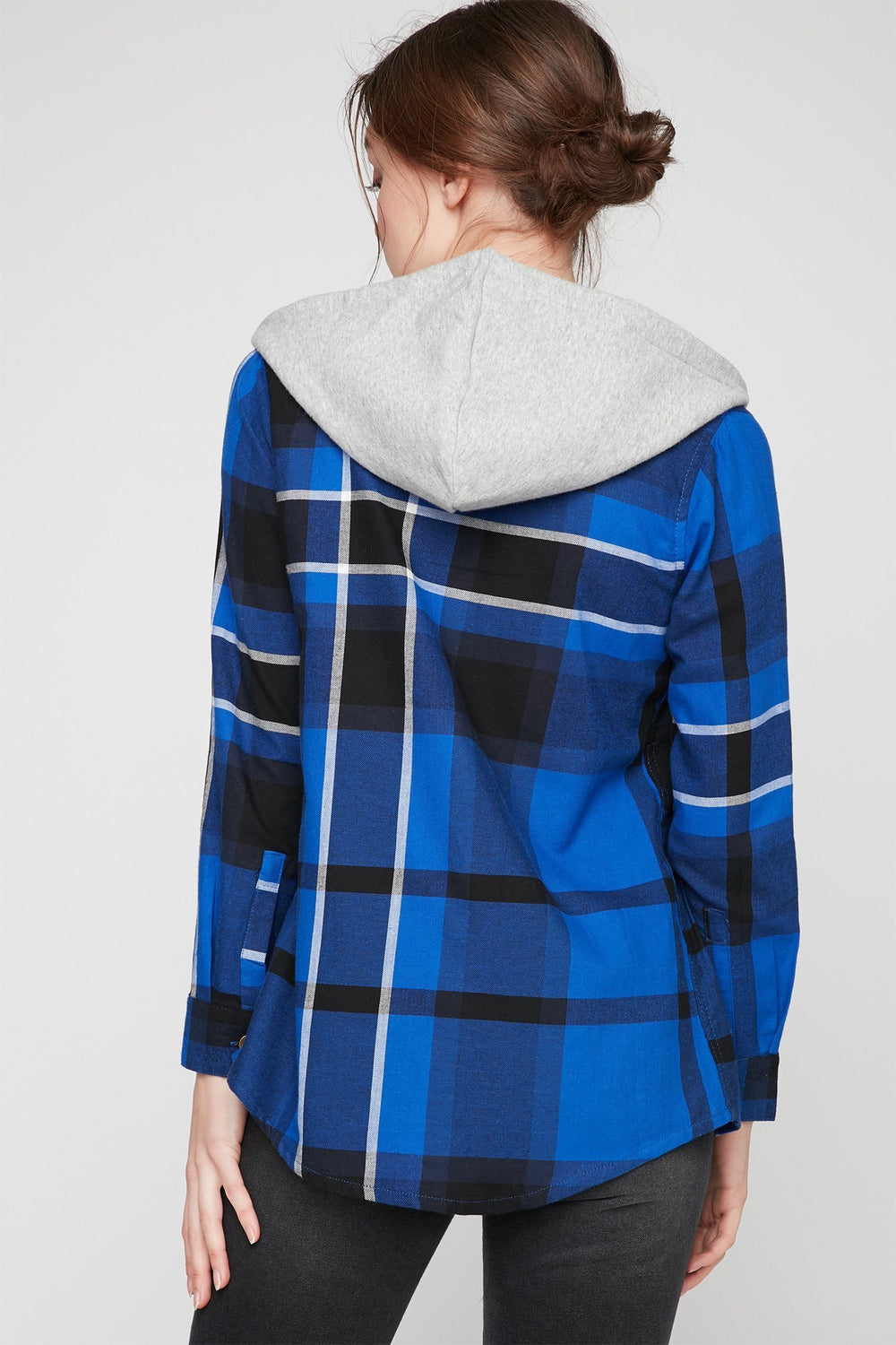 Women Hooded French Terry Plaid Button-Up Shirt Royal Blue