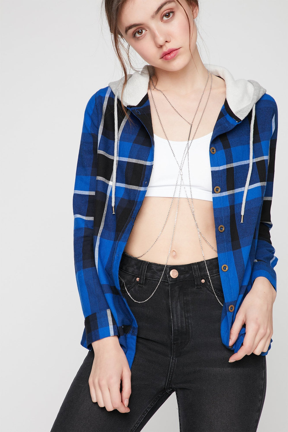 Women Hooded French Terry Plaid Button-Up Shirt Royal Blue