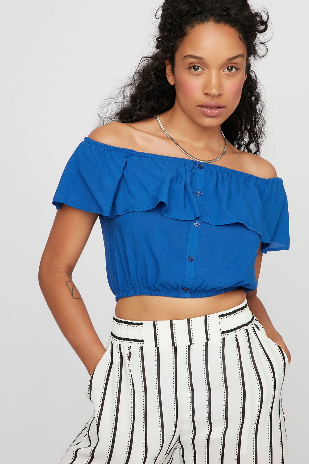 Women Off The Shoulder Button-Up Ruffle Cropped Blouse Royal Blue