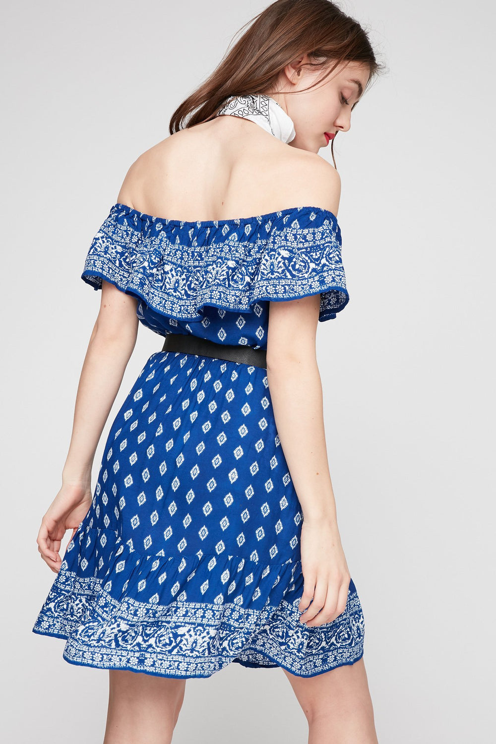 Women Off The Shoulder Ruffle Bandana Mini Dress Royal Blue