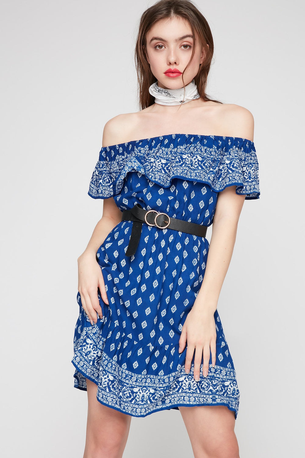Women Off The Shoulder Ruffle Bandana Mini Dress Royal Blue