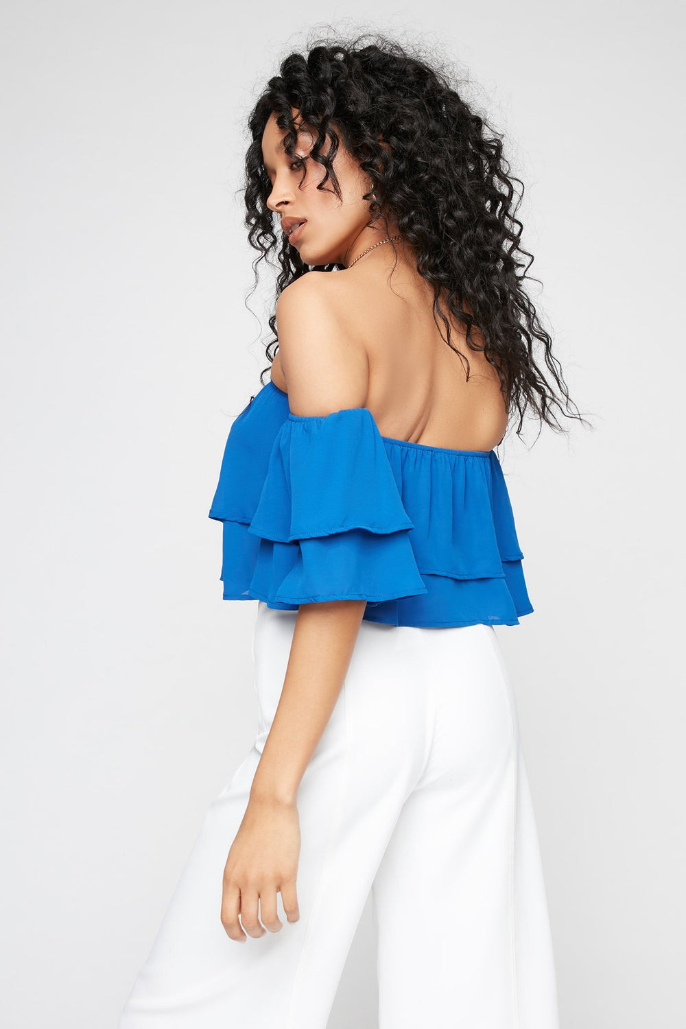 Women Off The Shoulder Ruffle Bell Sleeve Cropped Blouse Royal Blue