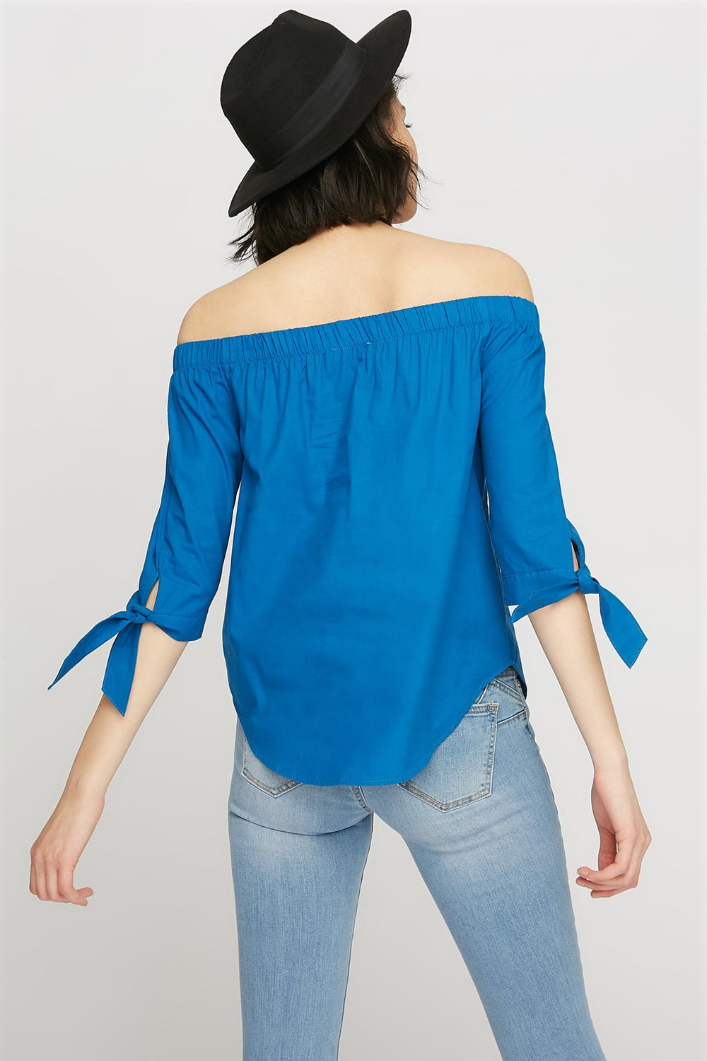 women Off The Shoulder Self-Tie Sleeve Blouse Royal Blue