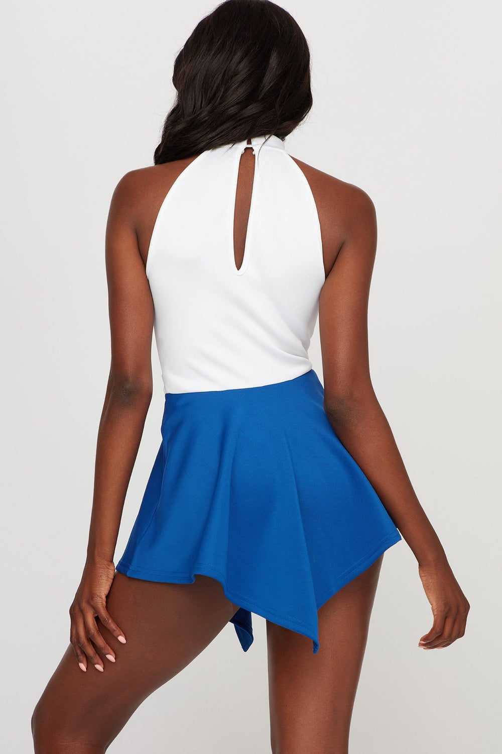 Women V-Neck Choker High-Low Scuba Romper Royal Blue