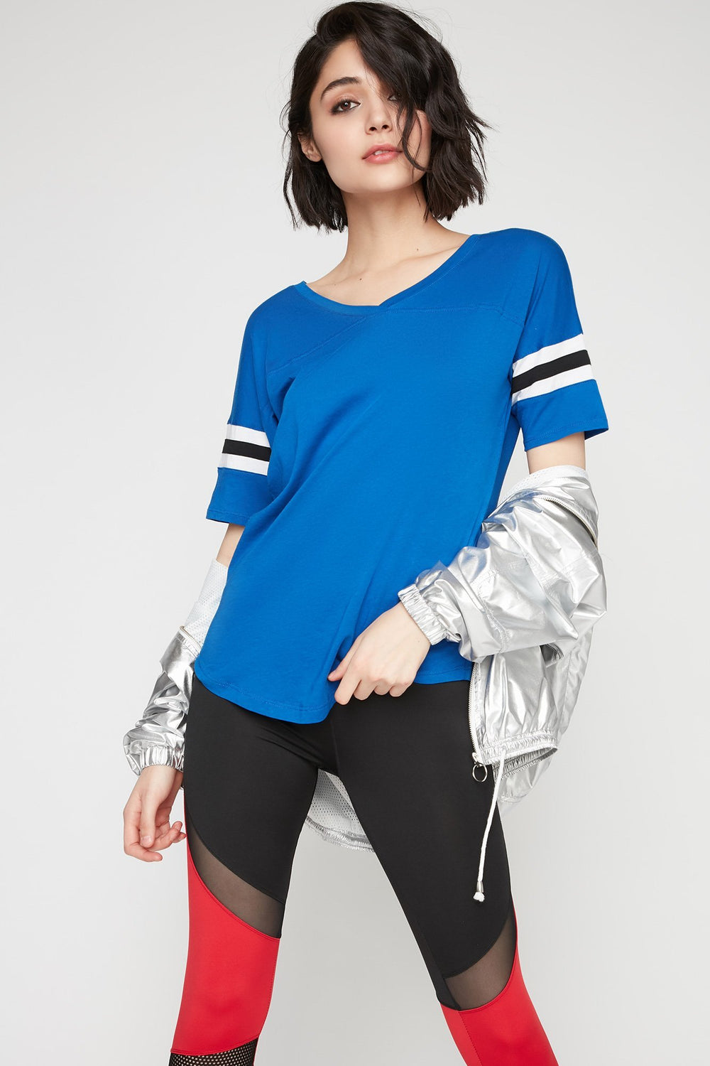 Women V-Neck Varsity Striped T-Shirt Royal Blue