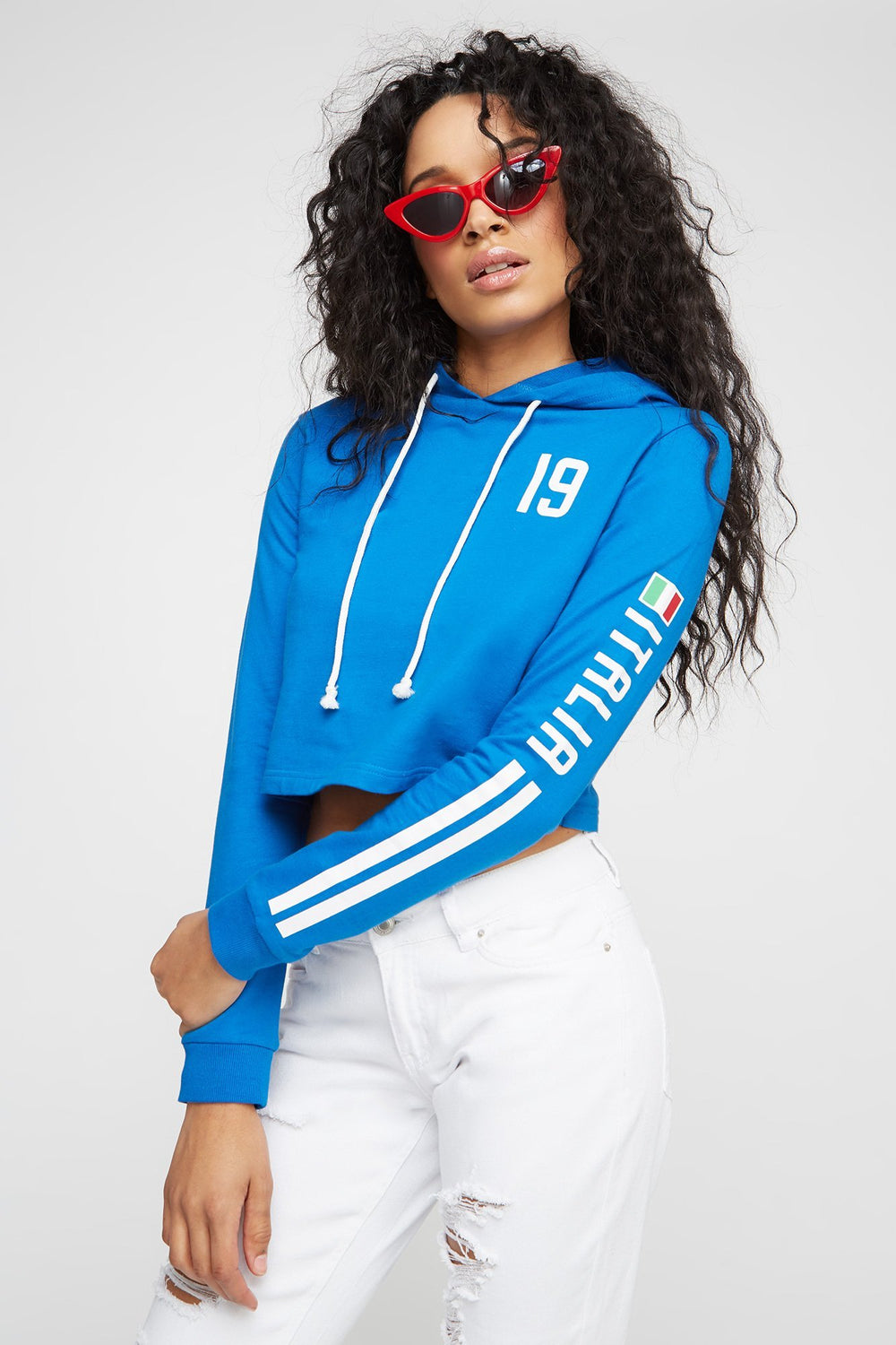 Women World Cup Side Stripe Graphic Cropped Popover Hoodie Royal Blue