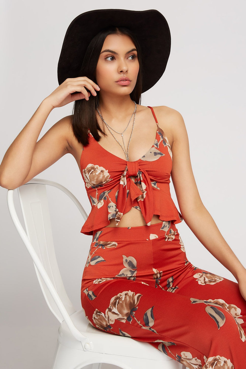 Women Floral Front-Knot Ruffle Cropped Blouse Rust