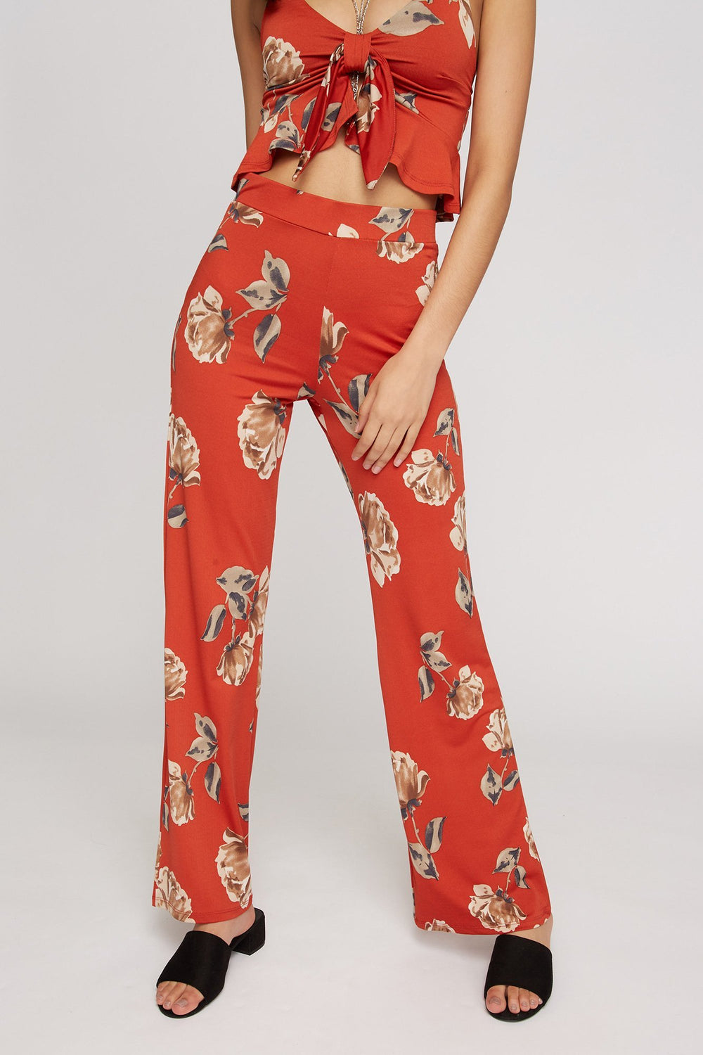 Women Floral High-Rise Palazzo Pant Rust