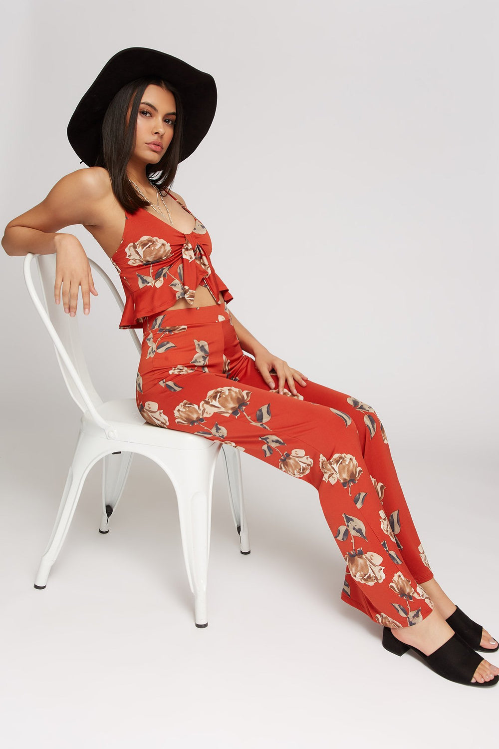 Women Floral High-Rise Palazzo Pant Rust