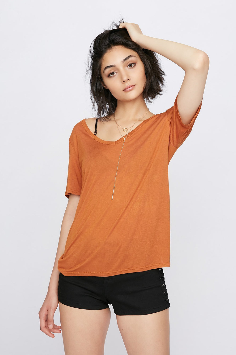 Women V-Neck Lightweight Basic T-Shirt Rust