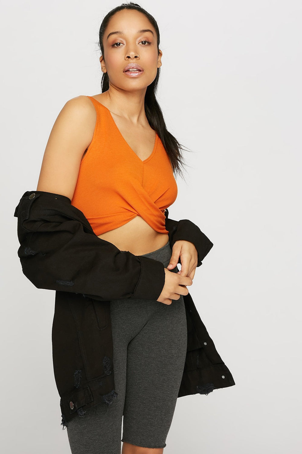 Women V-Neck Twist Front Cropped Tank Rust