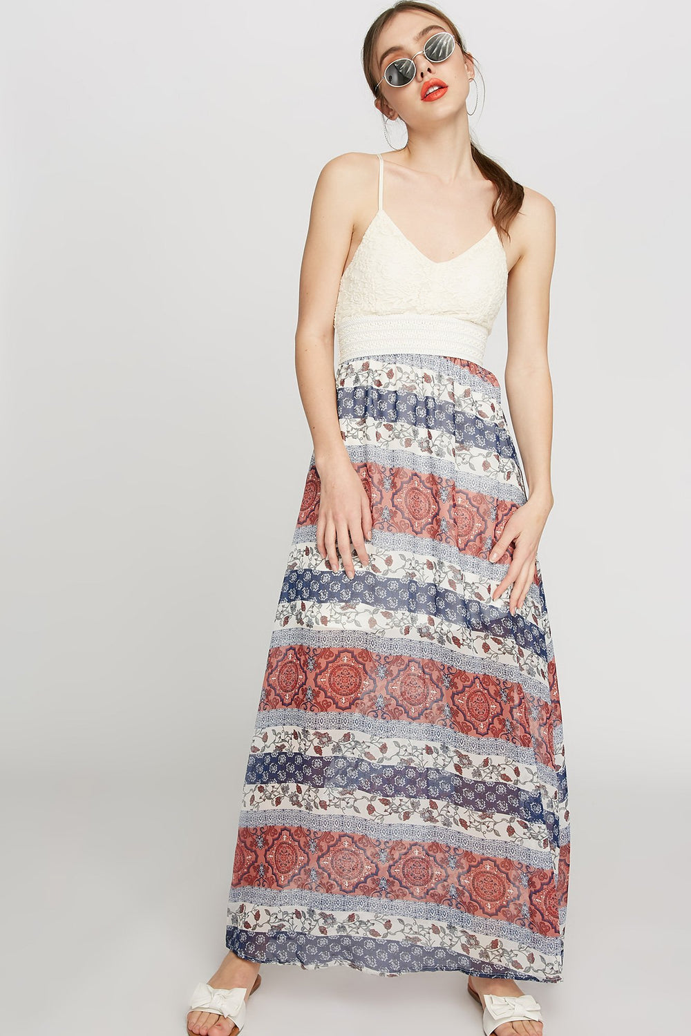 Women Crochet Tribal Printed Maxi Dress Rust