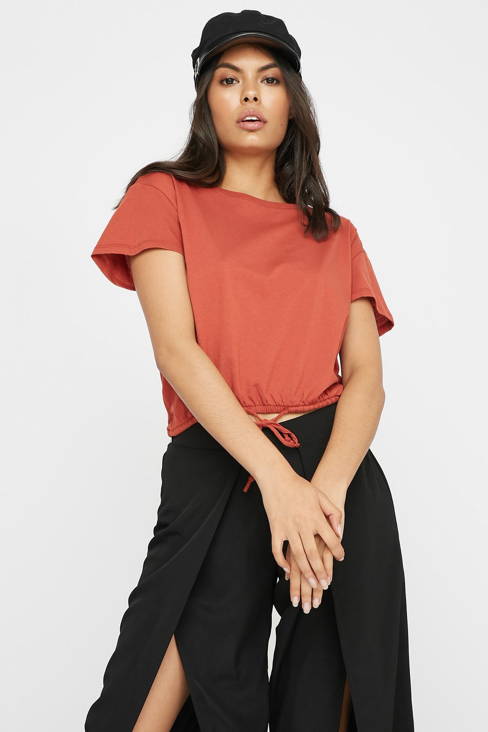 Women Cropped Cinched Drawstring T-Shirt Rust
