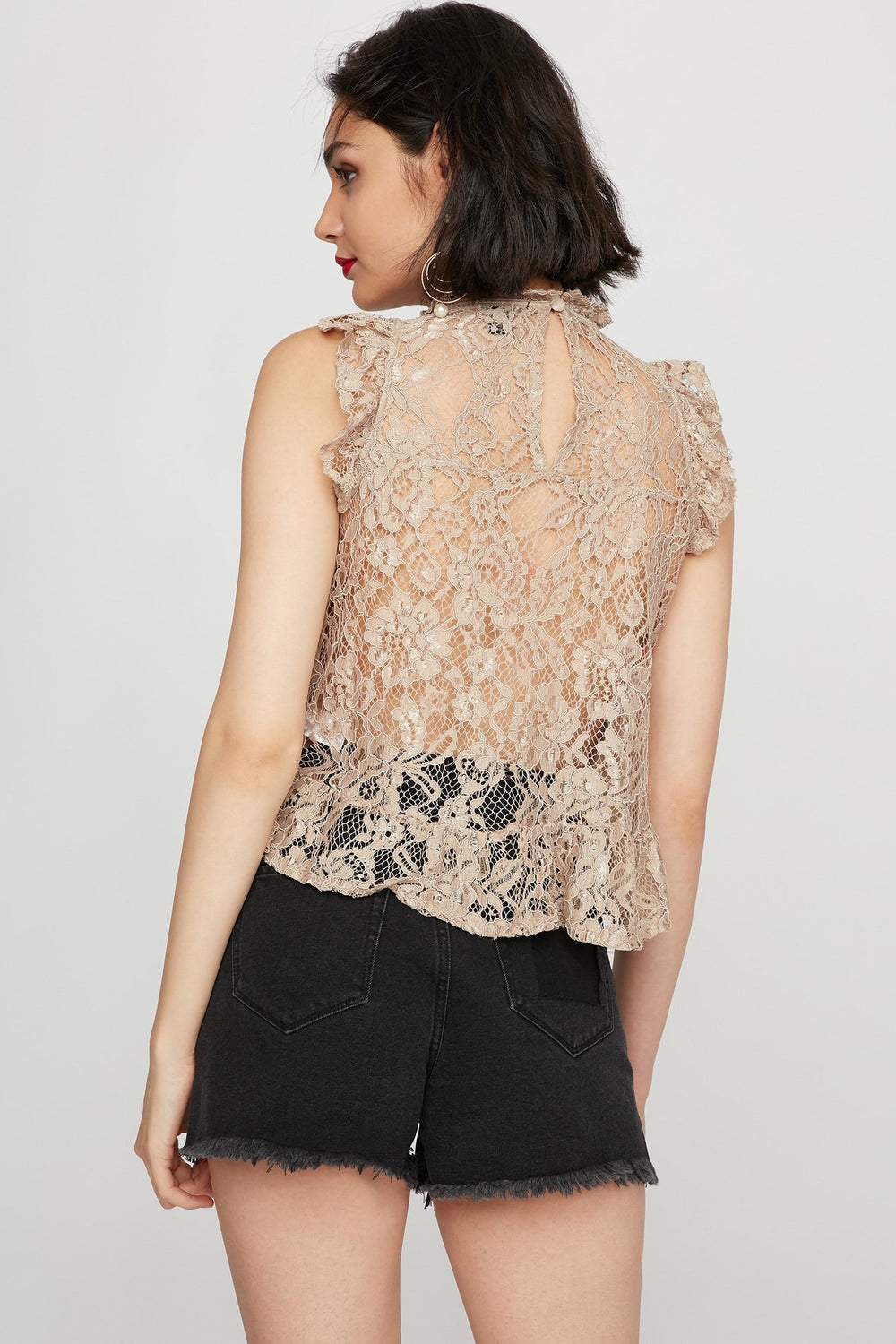 Women Blouse sans manches en dentelle volantée Sable